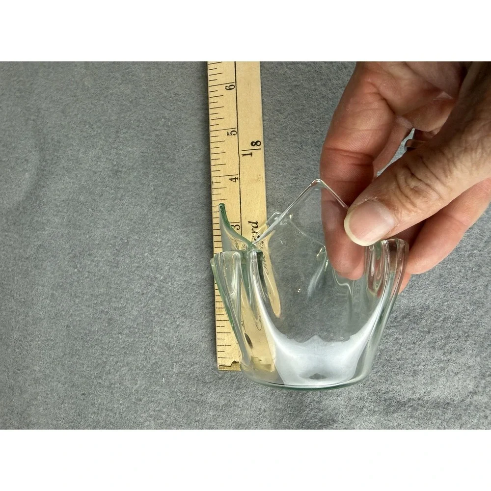 Green Rim Hand Blown Art Glass Tulip Fold Small Vase Votive Candle Holder Decor